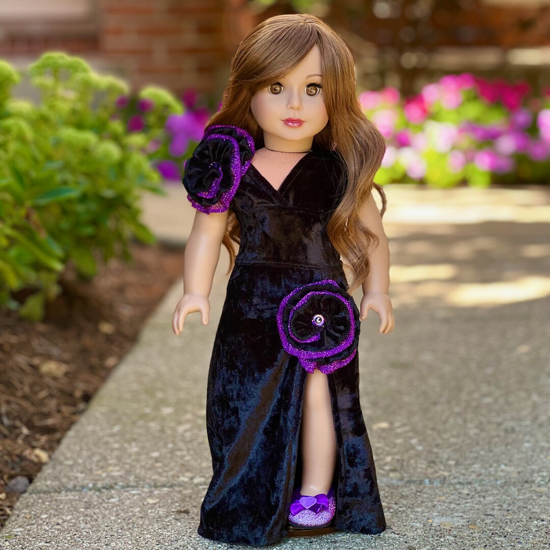 Royal Velvet 3 - Dress Fits 18 inch Doll, Black and Purple Velvet Evening Gown with Purple Shoes (Doll Not Included) | MakerPlace by Michaels Royal Velvet 3 - Dress Fits 18 inch Doll, Black and Purple Velvet Evening Gown with Purple Shoes (Doll Not Included) | MakerPlace by Michaels
